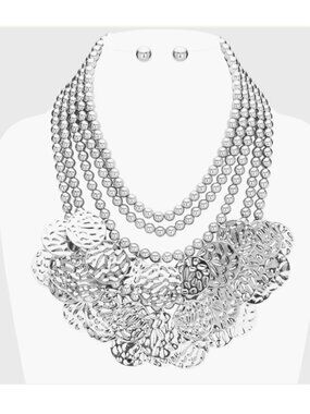 Silver Textured Disc Statement Necklace Set | Multi-Layer Ball Beaded  Necklace